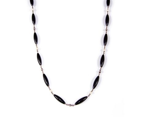 Mont Blanc - a silver, onyx and mother of pearl necklace, torpedo shaped elongated onyx beads approx. 30mm long, with alterna