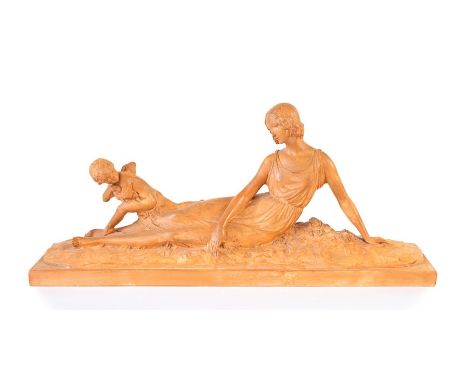 Venus &amp; Cupid by Joe Descomps. Ceramic cast. early 20thC. Width 54.5cm