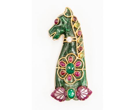 A carved Jade decoration in the form of a horse, possibly Indian origin, adorned with a yellow metal frame&nbsp; (possibly 14