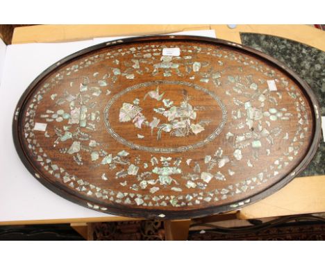 Oval tray highly decorated with mother of pearl inlaid detail of birds and flowers, length 63 cms approx A/F