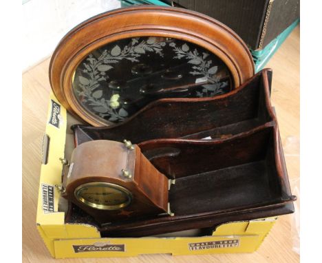 A collectors lot to include a treen tray, clock and a mirror