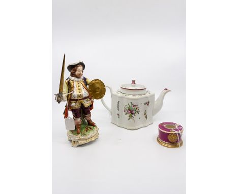 A Bloor Derby figure of James Quinn as Falstaff,along with a Newhall Teapot and cover and a Rockingham inkwell. Date c.1825 -