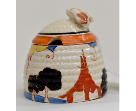 Clarice Cliff for Newport Pottery, a small Summerhouse beehive honey pot, Bizarre mark, 7.5cm highCONDITION:Spot staining to 