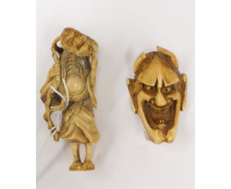 Japanese bone netsuke carved in the form of Gama Sennin with toad on his shoulder, signed on foot together with another of a 
