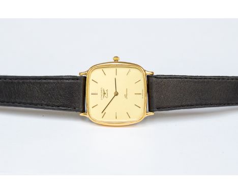 A gentleman's Longines gold plated quartz watch, squared gold tone dial leather strap 