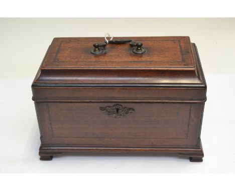 An 18th Century mahogany caddy top tea caddy, triple division interior with lift out pewter canisters, bracket feet