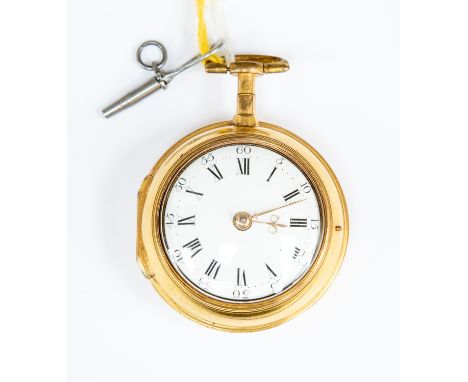 C. Cabrier of London, a circa 1730 pair case pocket watch, 3.5cm white enamel dial with Roman numerals, verge movement No.582