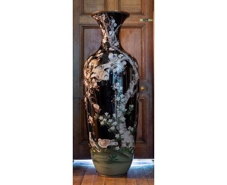An exceptional exhibition size Japanese cloisonne vase, Meiji period, 1868-1912, decorated with six doves amongst cherry blos