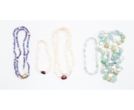 A collection of semi and semi precious jewellery to include a fresh water cultured pearl necklace, with rough cut ruby detail