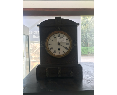 A Victorian slate bracket timepiece, enamel Roman dial (pendulum)