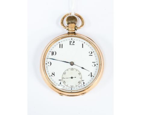 A 9ct gold crown winding pocket watch, white enamel dial, numbers, subsidiary dial, case diameter approx 47mm, total gross we