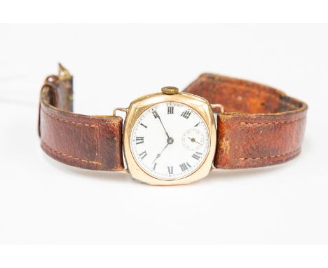A 9ct gold gents watch, circa 1930's, enamel dial, Roman numerals, subsidiary dial, on leather strap, inscription to the case
