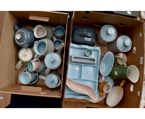 Two boxes of mid 20th Century Poole Pottery dinner and tea wares A/F
