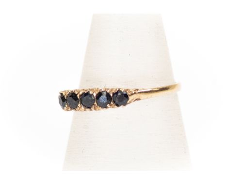 A five stone claws set sapphire ring,&nbsp; comprising round cut sapphires, 9ct gold, size P, total gross weight 1.5 grams ap