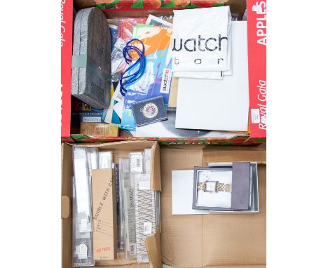 A Zodiac gents two tone bracelet watch along with another watch in the form of a bag,&nbsp; collection of Swatch watch packag
