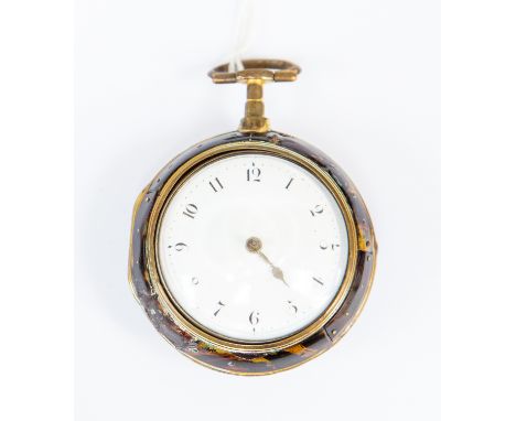 Thomas Glassup of Liverpool, Georgian silver gilt pair case pocket watch, tortoiseshell outer case, 4cm white enamel dial, fu