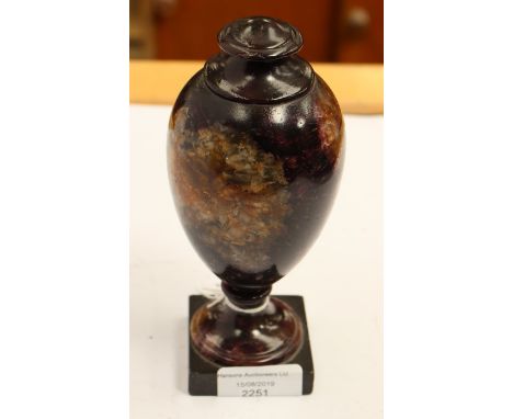 A 19th Century Blue John urn section, unassociated circular finial, circular socle, Ashford marble plinth, full height 18cm