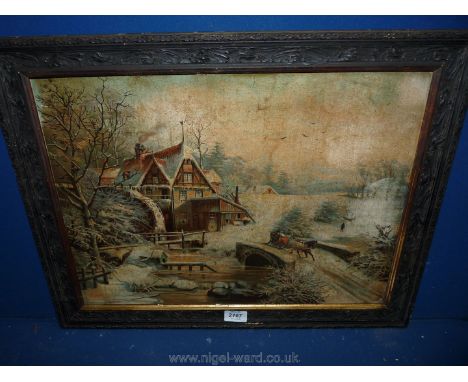 A framd Print of a winter scene with a water mill and horse drawn sleigh crossing a bridge, 20'' x 15''