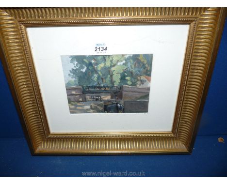 A small gilt framed Oil painting of a barge travelling through a lock, signed lower left, M. Boques.