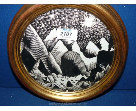 An Eric Ravilious mountain Print in circular frame.