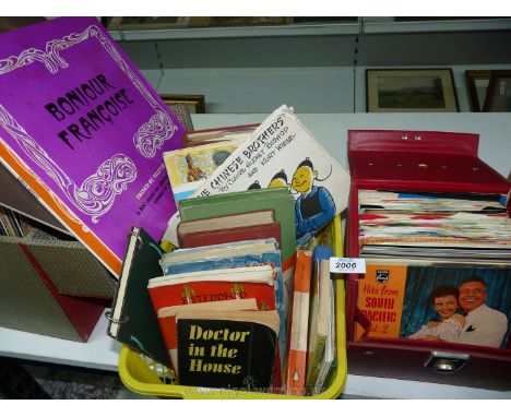A case of 45 records including hits from South Pacific, Glen Miller, The Seekers etc., various books to include The Five Chin