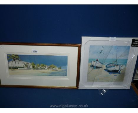 A framed and mounted Print by Jane Hewlett titled 'Beachside Boats', along with a framed and mounted limited edition Print (N
