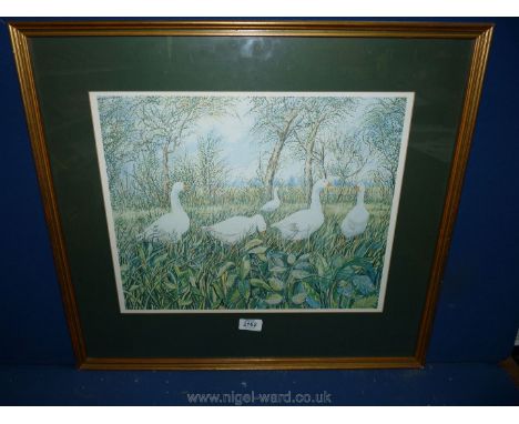 A framed and mounted print by Alex Williams titled ''Geese in an Orchard'.