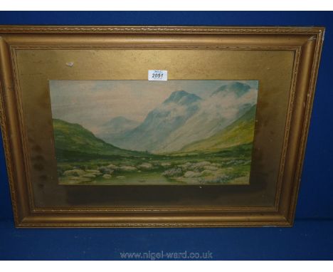 A F. Robson framed and mounted Print of a valley landscape with mountains in distance.