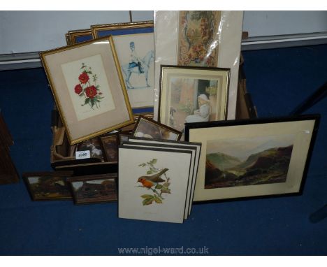 A quantity of pictures to include a Lledr Valley print, watercolour of poppies, four horse pictures, four pub pictures etc.