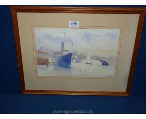 A framed and mounted Watercolour depicting a ship anchored with bridge, signed lower right K. Shackley