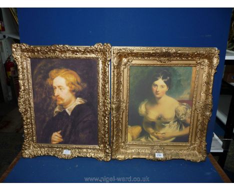 Two ornate framed Prints on canvas depicting "Sir Peter Paul Rubens" after Anthony Van Dyck and "Margaret Countess of Blessin