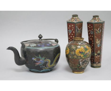 A pair of cloisonne vases, a dragon teapot and another vase