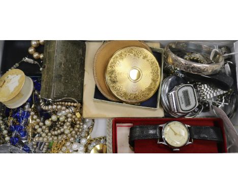 Sundry silver and costume jewellery, including an engraved bangle, 6 wristwatches, a pocket watch, two powder compacts, etc.