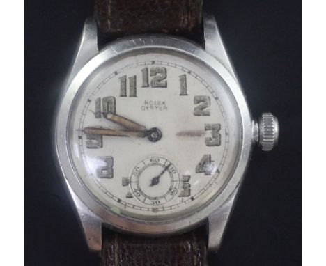 A boy's size 1940's? steel Rolex Oyster manual wind wrist watch, with Arabic dial and subsidiary seconds, the case back numbe