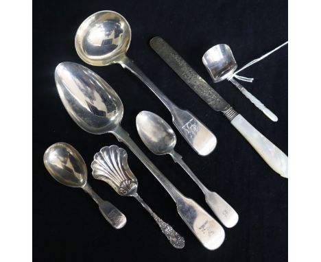 Three silver caddy spoons including one by Cocks & Bettridge, Birmingham, 1815, three other silver spoons and a dessert knife