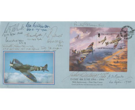 WW2 Battle of Britain multisigned 1994 Guernsey D Day FDC. Autographed by 10 fighter pilots inc. W Clark 219 Sqn, Ken Wilkins