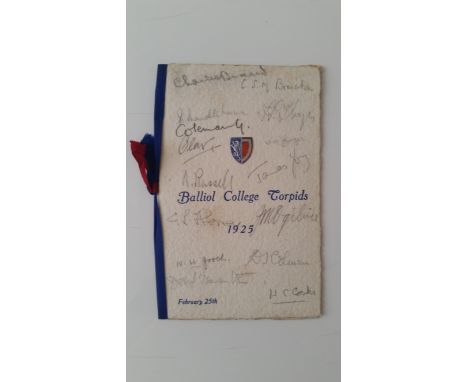ROWING, signed menu by members of 1925 Oxford University (Balliol College Torpids), First &amp; Second Crews, 25th Feb 1925, 