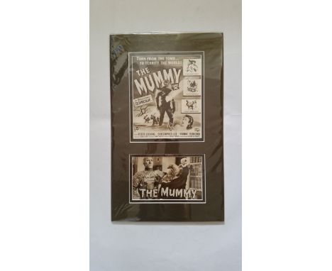 CINEMA, The Mummy, signed magazine promotional photo by Christopher Lee, overmounted beneath promotional leaflet, 10.75 x 17.