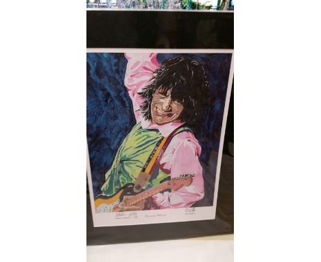 POP MUSIC, The Rolling Stones, colour print showing Ronnie Wood half-length playing guitar, signed by the artist Paul Howell,