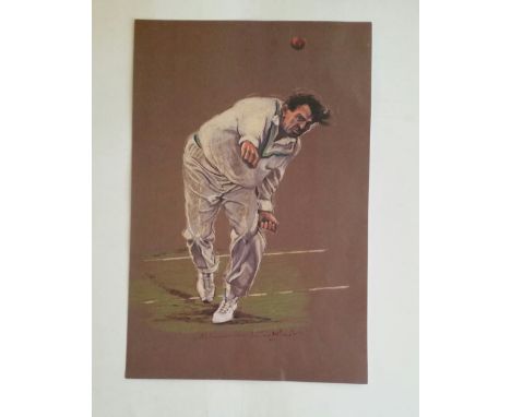 CRICKET, signed print by Freddie Truman, full-length bowling, signed by Truman and the artist Ken Taylor, 12.5 x 19, EX