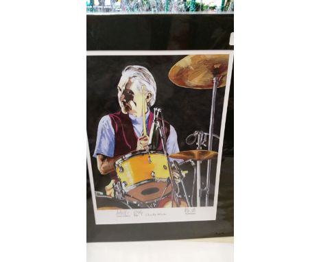 POP MUSIC, The Rolling Stones, colour print showing Cfharlie Watts half-length playing drums, signed by the artist Paul Howel