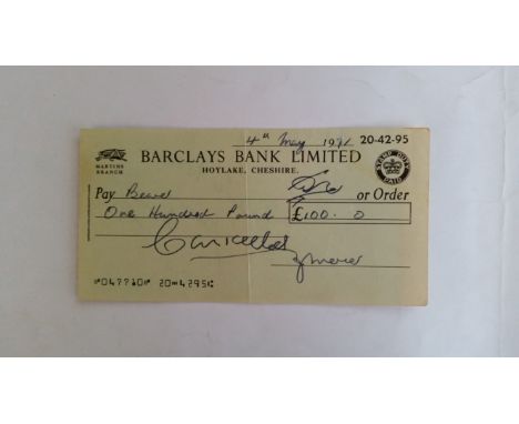 FOOTBALL, signed cheque by Joe Mercer, 4th May 1971, signed to back by di Stefano, VG