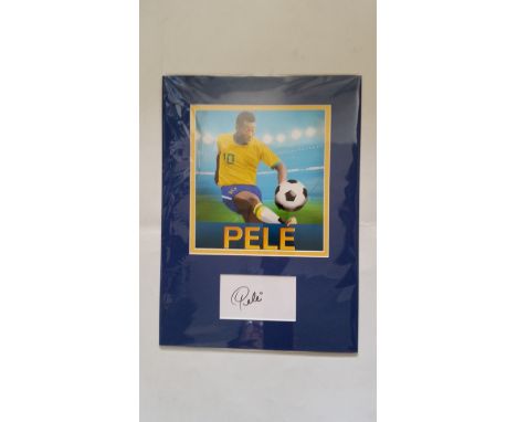 FOOTBALL, signed card by Pele, overmounted beneath colour print of Pele in action, 11.75 x 16.25 overall, EX