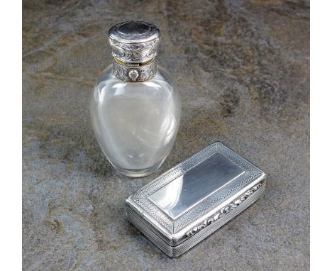 A Victorian silver topped glass scent bottle, Thomas Diller, London 1841, 9cm high, together with a Victorian silver snuff bo