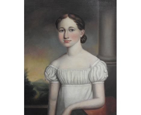 English Provincial School, late 19th/early 20th Century,
Portrait of a young girl, half length, wearing a white dress standin