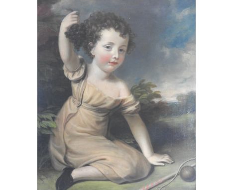 English Provincial School, 19th Century,
Portrait of a young girl kneeling in a garden landscape holding a bunch of grapes,
O