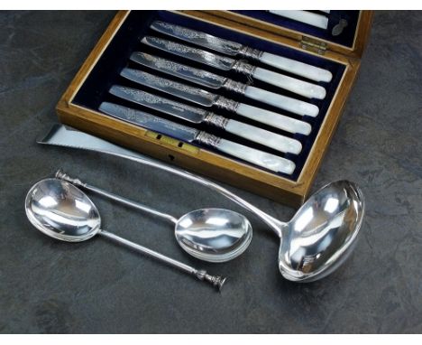 A George III Old English pattern silver soup ladle, Solomon Hougham, London 1794, 31.5cm long, together with a pair of silver