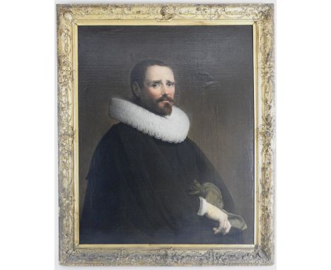 Attributed to Pieter Dubordieu (1607-1678),
Portrait of a gentleman, half length wearing a white ruff and a black cape,
Oil o