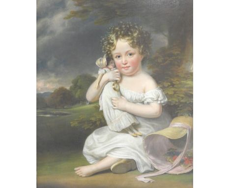 English Provincial School, 19th Century,
Portrait of Helen Elizabeth Howard, seated beside a bonnet holding a doll,
inscribed
