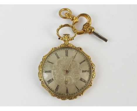 A Lady's yellow metal and polychrome enamel fob watch, the case stamped '18k', the silver dial with Roman numerals, the gilt 